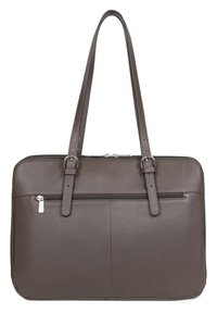 Grijze leren tote bag met twee schouderbanden, een ritssluiting aan de bovenkant en een ritsvak aan de voorkant. Heeft een zachte textuur en een minimalistisch ontwerp.