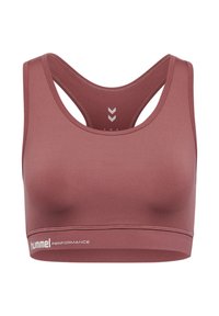 Burgundowy sportowy biustonosz wykonany z elastycznego materiału, z designem typu racerback oraz białym logo "hummel PERFORMANCE" wzdłuż pasa.