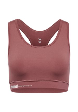 Burgunderfarbener Sport-BH aus elastischem Material, mit einem Racerback-Design und dem weißen "hummel PERFORMANCE"-Logo entlang des Bundes.