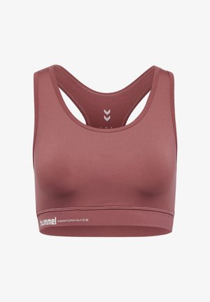 Burgunderfarbener Sport-BH aus elastischem Material, mit einem Racerback-Design und dem weißen "hummel PERFORMANCE"-Logo entlang des Bundes.