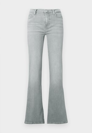 Světlé šedé zvonové džíny z denimu, s vysokým pasem, pětikapsovým designem a hladkou texturou se subtílním blednutím.