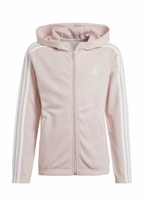 Sudadera rosa de cremallera hecha de tela suave, con rayas verticales blancas en las mangas y un logo de Adidas en el pecho, terminada con capucha.