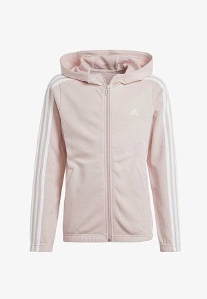Sudadera rosa de cremallera hecha de tela suave, con rayas verticales blancas en las mangas y un logo de Adidas en el pecho, terminada con capucha.