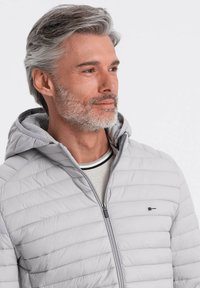 Lys grå pufferjakke med hætte, prydet med lodrette syninger, lynlås foran og et lille logo på brystet.