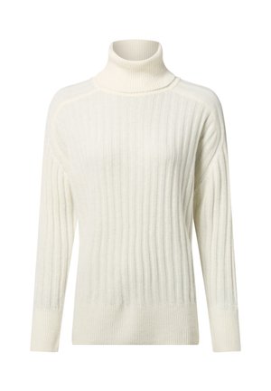 Pull à col roulé de couleur crème avec une texture côtelée, des manches longues et une coupe décontractée, présentant une légère variation de couleur.