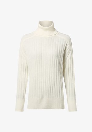 Crème-kleurige turtleneck trui met een ribbelstructuur, lange mouwen en een relaxte fit, met subtiele kleurvariaties doorheen.