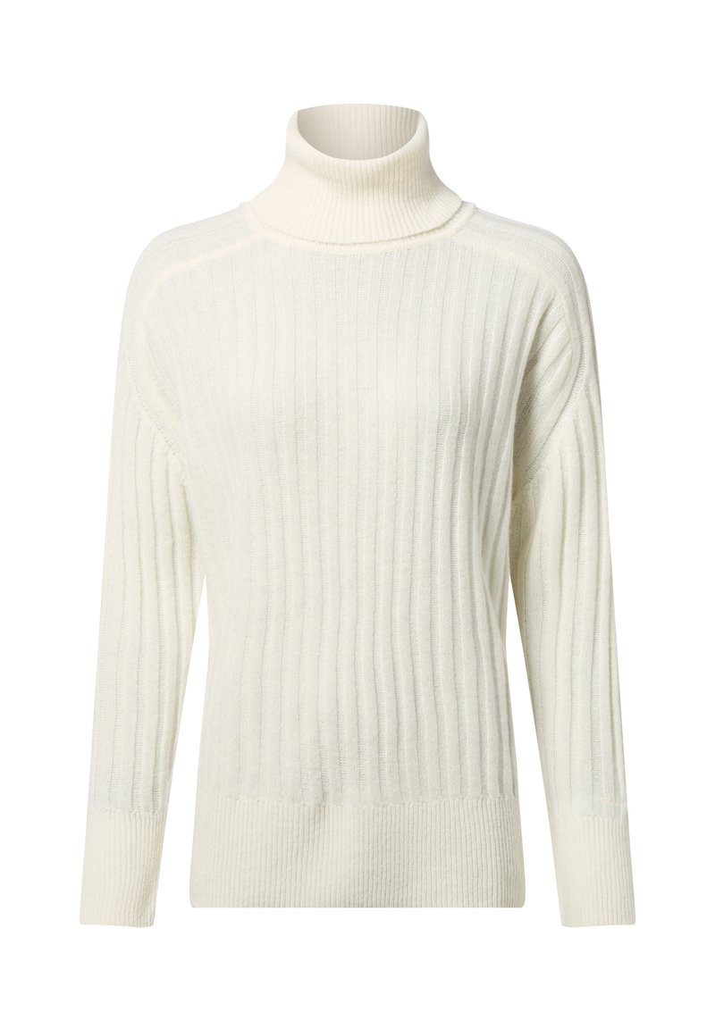 Cremfarbener Rollkragenpullover mit gerippter Textur, langen Ärmeln und lockerer Passform, der subtile Farbvariationen aufweist.