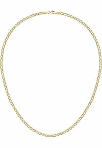 Halskette aus goldfarbenem Metall mit verlängerten ovalen Gliedern, die eine glatte Oberfläche haben, und einem sicheren Verschluss.
