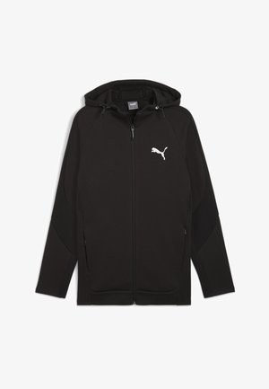 Felpa nera con zip realizzata in tessuto morbido, con cappuccio, polsini a costine e pannelli laterali in rete. Presenta un logo PUMA bianco sul petto.