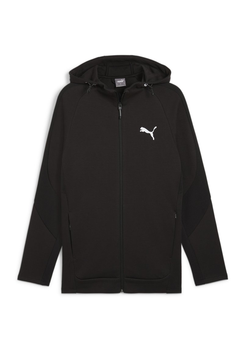 Felpa nera con zip realizzata in tessuto morbido, con cappuccio, polsini a costine e pannelli laterali in rete. Presenta un logo PUMA bianco sul petto.