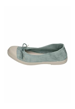 Light blue canvas ballet flat with white rubber toe cap, sole, and a small tied bow on front.