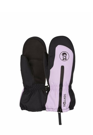 Paar schwarze und hellviolette Kinderfäustlinge mit elastischen Handgelenken, Reißverschlüssen an den Bündchen und einem Cartoon-Logo auf der Oberseite.
