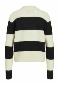 Maglione in misto lana con strisce orizzontali nere e crema, scollo a giro, e orlo a coste; texture morbida con leggera peluria.