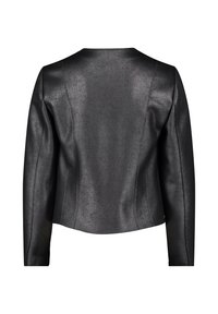 Veste noire en cuir synthétique à manches longues et coutures ajustées, vue de dos sur fond blanc.