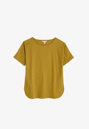 Sinise kollase värvusega lühikeste varrukatega t-särk, millel on ümmargune kaelus, pehme tekstuur, mugav lõige ja kumer alussäär.