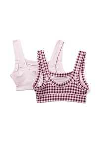 Due bralette: una di un rosa chiaro uniforme, l'altra in un motivo a scacchi marrone e bianco. Entrambe hanno spalline larghe e una finitura senza cuciture.