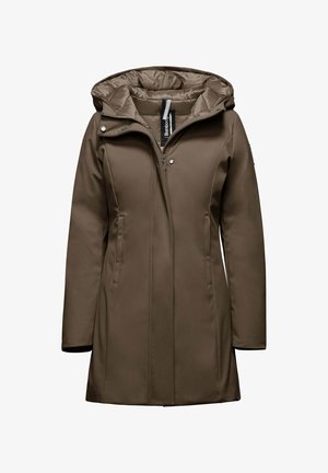 Bruine waterdichte jas met een gevoerde capuchon, rits aan de voorkant, zijzakken en lange mouwen. Heeft een gladde textuur en een aangesloten ontwerp.