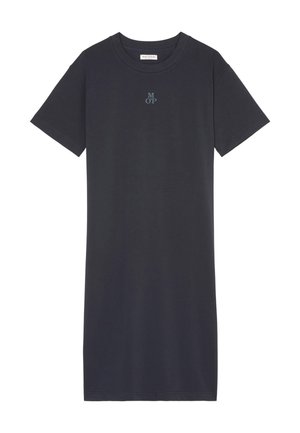 Svart bomullst-shirt klänning med korta ärmar, rundad hals och liten blå "MOP"-logotyp på bröstet, med en avslappnad passform och rak silhuett.