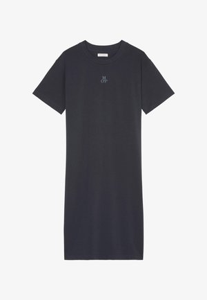 Black cotton t-shirt dress with short sleeves, crew neck, and small blue "MOP" logo on the chest, featuring a relaxed fit and straight silhouette.