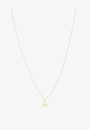 Collana in oro con pendant a forma di lettera "m" minuscola, caratterizzata da un design a link sottile e delicato con finitura lucida.