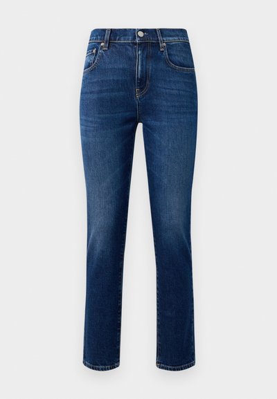 Denim jeans v temno modri barvi, s ravnim krojem nog, petimi žepi in kovinskim zapiranjem spredaj. Gladka tekstura, brez vidnih vzorcev.