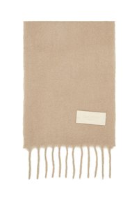 Beige strikket tørklæde med blød tekstur, der har frynsede kanter og et lille cremefarvet label på den ene side.