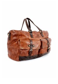 Braune Ledertasche mit zwei Fronttaschen, dunklem braunem Boden, doppelten Griffen und Messingbeschlägen. Texturierte Oberfläche und kontrastierende Farben.