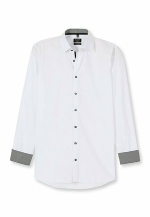 White long-sleeve shirt with black buttons, contrasting patterned cuffs, and a classic collar. Made from smooth fabric with a tailored fit.