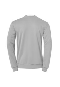 Felpa grigia chiara con maniche lunghe, colletto rotondo, polsini e orlo a coste, realizzata in un tessuto morbido, con un design pulito e minimalista.