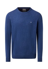 Męski sweter z długim rękawem i okrągłym dekoltem w teksturowanym niebieskim kolorze z wełny merino i kaszmiru, z małym haftowanym logo drzewa na piersi.