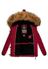 Red parka jacket with a faux fur hood, featuring a black fleece lining, decorative tags, and drawstrings at the waist and sleeves.