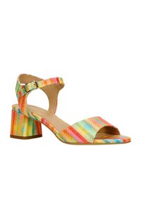 Mnohobarevné pruhované sandály na podpatku s texturovaným povrchem, otevřenou špičkou, nártní páskem se sponou a robustním blokovým podpatkem.
