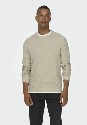 Light beige sweater with a textured, diamond pattern, featuring a ribbed crew neckline and cuffs. Worn over dark jeans.