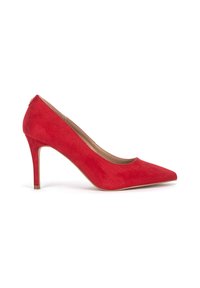Red suede high-heeled pump with a pointed toe and a slim heel. Smooth texture, minimalist design, and no visible hardware or accents.