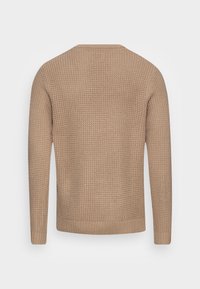 Beige gestrickter Pullover mit strukturiertem Muster, Rundhalsausschnitt, langen Ärmeln sowie gerippten Bündchen und Saum. Rückansicht dargestellt.