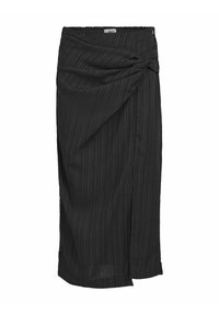 Jupe midi noire en tissu texturé, avec de subtiles rayures verticales, un détail de nœud à la taille et une fente sur le côté.