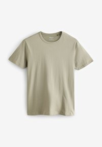 T-shirt din bumbac de culoare verde măsliniu deschis, cu mâneci scurte, decolteu tip crew, textură fină, fără modele, cu un etichetă a brandului în interiorul gulerului.