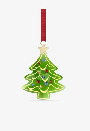 Zielona akrylowa ozdoba choinkowa z złotym obramowaniem, czerwoną wstążką i kolorowymi ozdobami z kamieni (czerwone, niebieskie, złote gwiazdki).