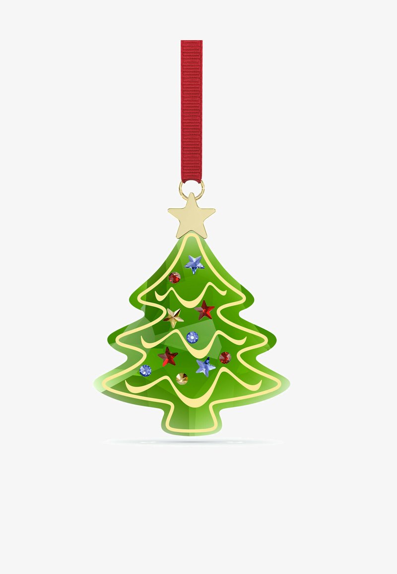 Zielona akrylowa ozdoba choinkowa z złotym obramowaniem, czerwoną wstążką i kolorowymi ozdobami z kamieni (czerwone, niebieskie, złote gwiazdki).