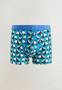 Kék és zöld mintázatú boxeralsó, rajzfilmszerű pandákkal. Az elasztikus derékrész kék, zöld betűkkel "NEXT" felirattal. Poliészter anyagból készült.