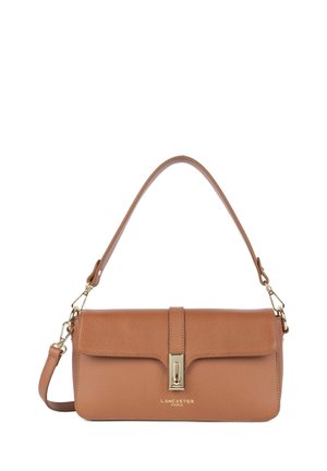 Brown textured leather handbag with a gold-tone clasp, single shoulder strap, and a flat design. Features embossed logo on the front.