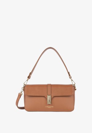 Brown textured leather handbag with a gold-tone clasp, single shoulder strap, and a flat design. Features embossed logo on the front.