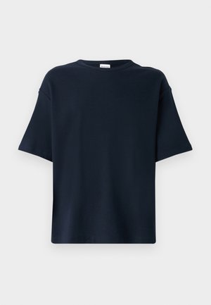 T-shirt bleu marine à manches courtes en tissu lisse, avec un col rond et une coupe décontractée sans détails ni motifs supplémentaires.