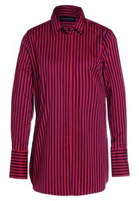 Camicia a maniche lunghe a righe rosse e blu con colletto e bottoni frontali. Tessuto liscio con motivi a righe a contrasto.