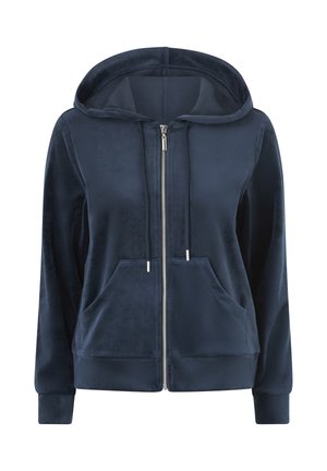 Sudadera navy de felpa con cremallera, hecha de suave terciopelo, con capucha ajustable, dos bolsillos frontales y puños y dobladillo acanalados.
