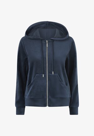 Sudadera navy de felpa con cremallera, hecha de suave terciopelo, con capucha ajustable, dos bolsillos frontales y puños y dobladillo acanalados.