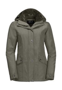 Grön, strukturerad jacka med fleecefoder i huvan, knäppta fickor och logotyp på bröstet. Har tryckknappar och dragkedja framtill.