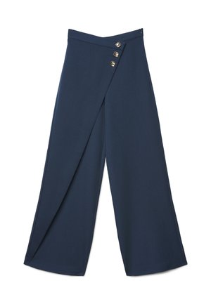 Pantaloni a gamba larga blu navy con design a incrocio, accentuati da tre bottoni metallici sulla parte anteriore, caratterizzati da una trama di tessuto liscia e morbida.