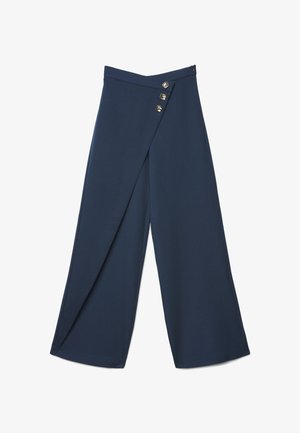 Pantaloni a gamba larga blu navy con design a incrocio, accentuati da tre bottoni metallici sulla parte anteriore, caratterizzati da una trama di tessuto liscia e morbida.