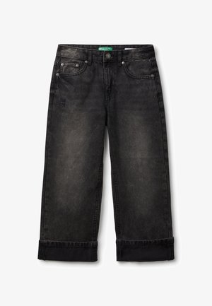 Schwarze Denim-Hosen mit weitem Bein und verblasster Optik, mit Vordertaschen, Metallknopfverschluss und umgeschlagenen Säumen. Dezent sichtbare Distressed-Details.